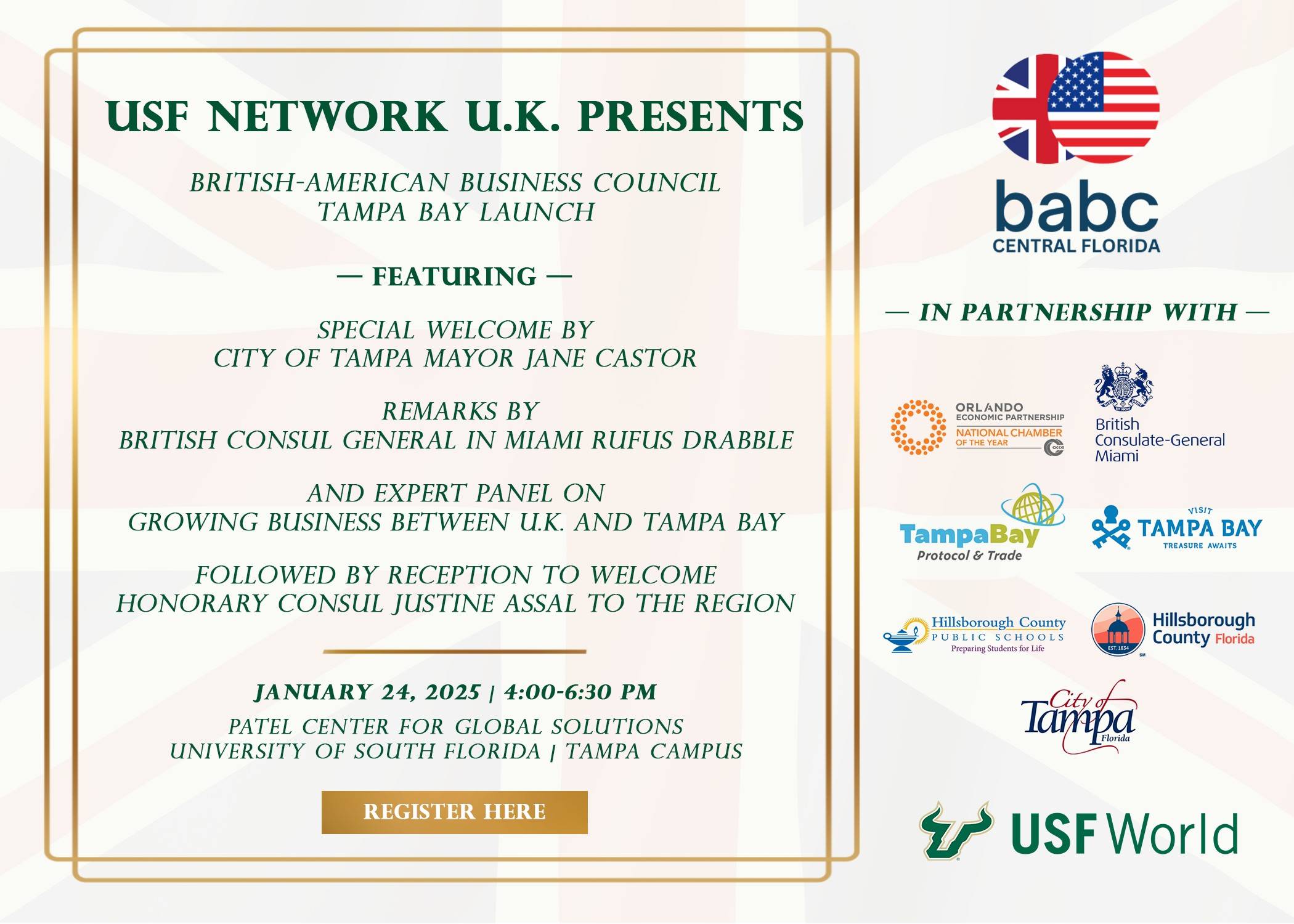 gold invitation to the 2025 British-American Business Council of Tampa Bay Launch