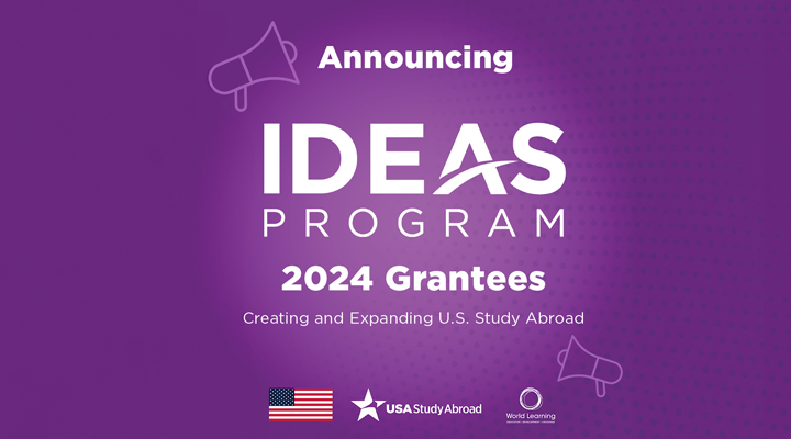 purple background with the words "announcing ideas program 2024 grantees" sponsored by USA Study Abroad and the US Department of State