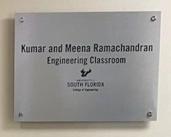 picture of door plaque for ENC 1002 - the Kumar and Meena Ramachandran Engineering Classroom