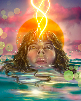 amador's artwork: close up of a girl's head emerging from the water, a golden beam rises from her forehead to pink sky