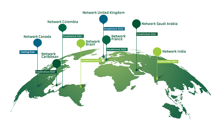 a green world with location points on countries that are in the USF Global Networks