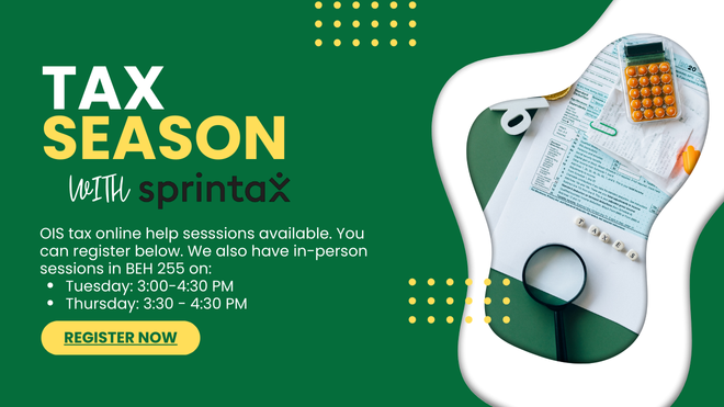 Green background with white text saying tax season with Sprintax. Click to register for an online help session.