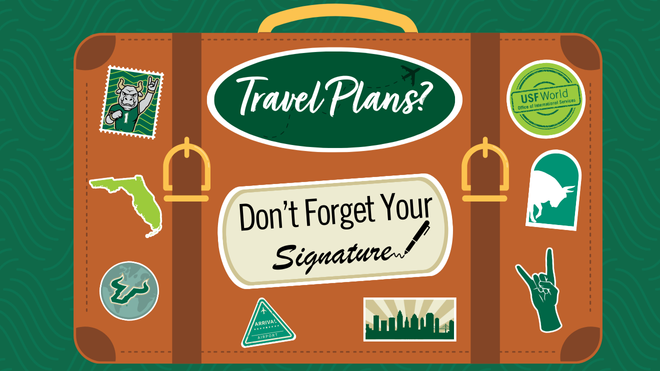 Green background showing suitcase with travel stickers and text saying "Don't forget your signature!"