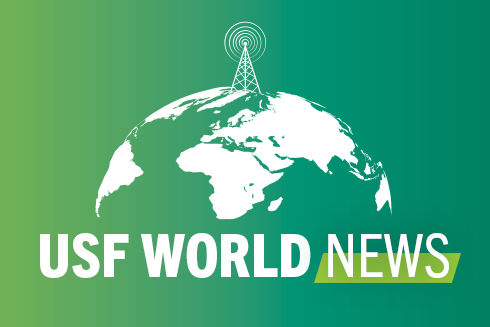 A world map with a radio tower on top and the words "USF World News" below