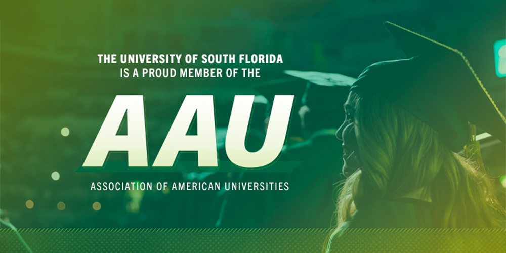 University of South Florida joins the AAU superimposed on a green beackground over a photograph of a graduation ceremony