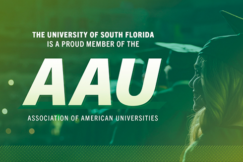 University of South Florida joins the AAU superimposed on a green beackground over a photograph of a graduation ceremony