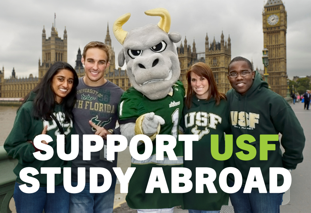 USF study abroad group posing with Rocky the Bull and text overlay says "Support USF Study Abroad"