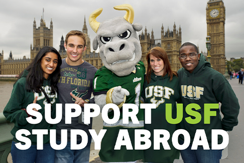 USF study abroad group posing with Rocky the Bull and text overlay says 