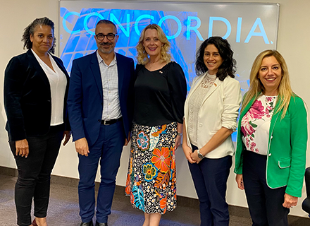 USF World members Dr. Kiki Caruson (center) and Vanessa Martinez (to her right) with partner representatives from Concordia University.