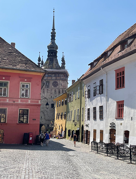 old transylvania brick road with buildings lining it