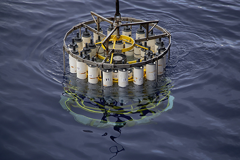 A conductivity, temperature, and depth (CTD) rosette used to sample water from the ocean’s twilight zone during a GEOTRACES expedition in the Pacific Ocean. Credit: Alex Fox.