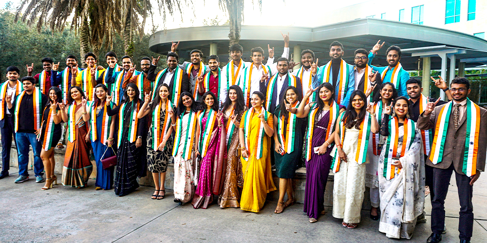 A group of students from India at the Sash Ceremony put on by USF World