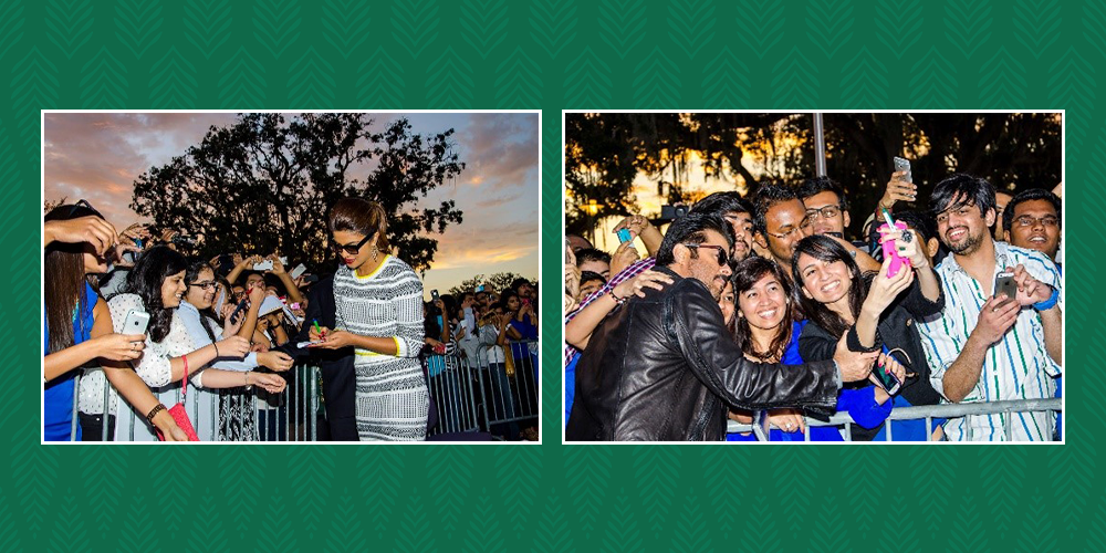 Two photos each showing the following in order from left to right: Indian actor Anil Kapoor posing for pictures with students and fans, Indian actress Priyanka Chopra