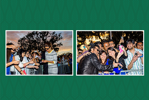 Two photos each showing the following in order from left to right: Indian actor Anil Kapoor posing for pictures with students and fans, Indian actress Priyanka Chopra