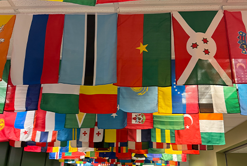 Flags of different countries hanging from ceiling