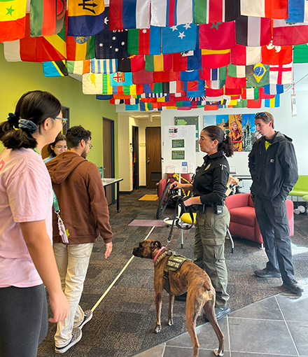 Female USF K-9 Officer, Nicole Marchesano, speaks with students about driving safety in the U.S. and Florida