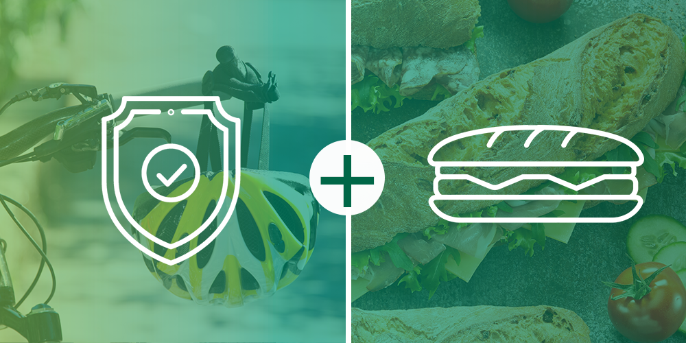 Two image collage: Left image has a safety icon over an image of a bike helmet and the right image has a sandwich icon over an image of an image of a sandwich