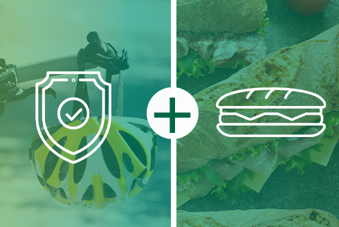 Two image collage: Left image has a safety icon over an image of a bike helmet and the right image has a sandwich icon over an image of an image of a sandwich