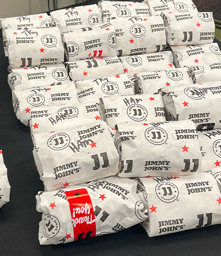 close up shot of donated 6-inch Jimmie Johns sandwiches